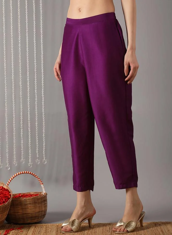 globus Women Purple Floral Embroidered Straight Kurta with Pant and Contrast Dupatta Set